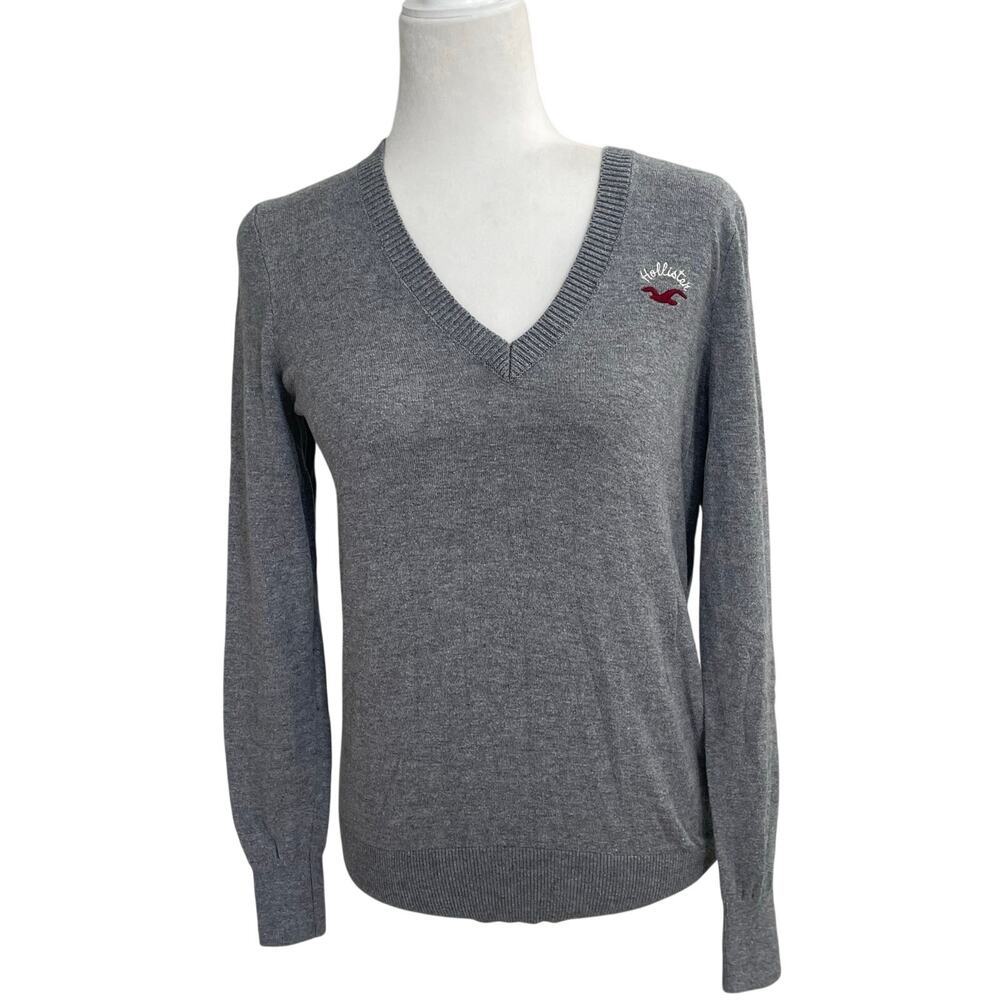 Vintage Hollister Gray V-Neck Sweater Sz S Preppy-Y2K Embroidered Logo